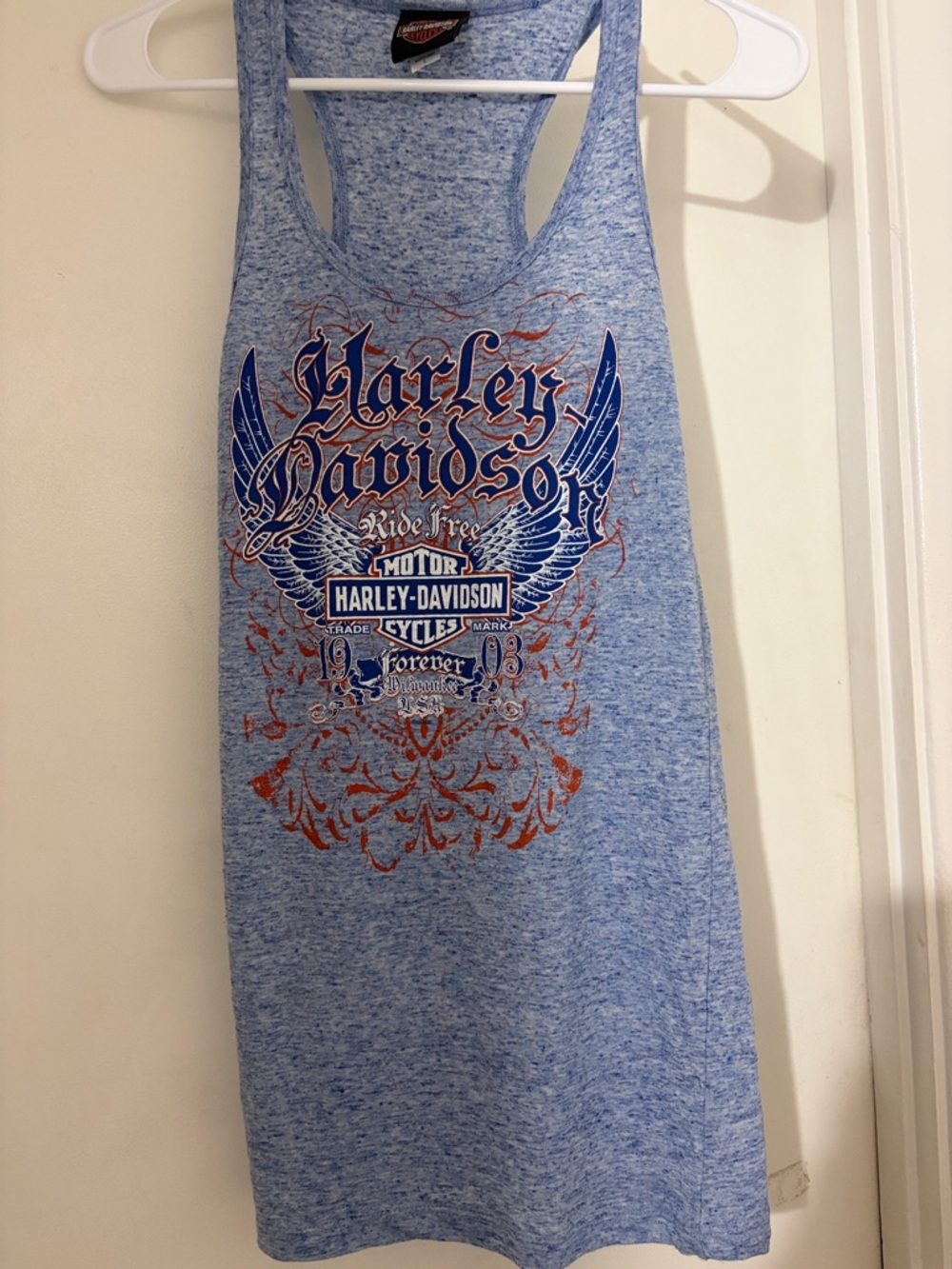 Harley-Davidson Light Blue Racerback Tank with Navy and Rust Graphic